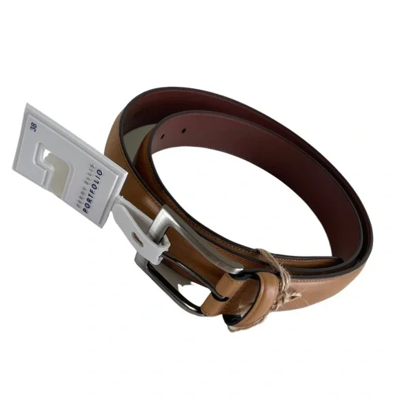 Perry Ellis Solid Leather Tan Belt, 38, Men's, Brown